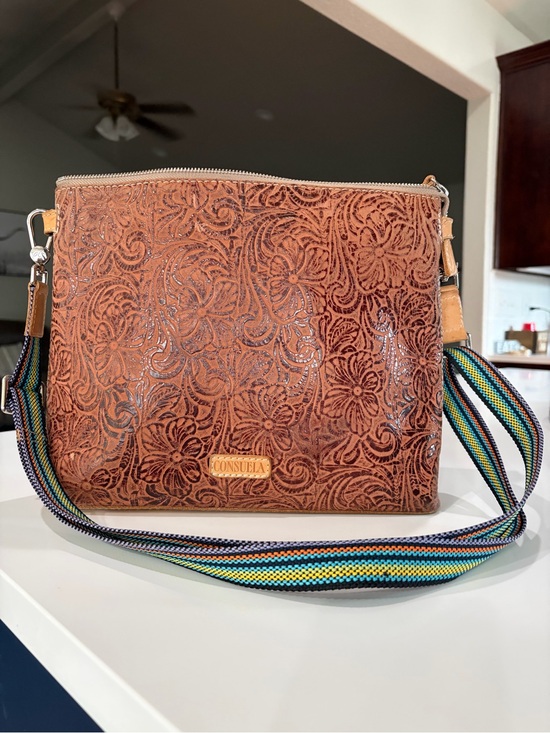 Consuela Handbags - Consuela Brown Floral Tooled Crossbody with Multicolor Strap